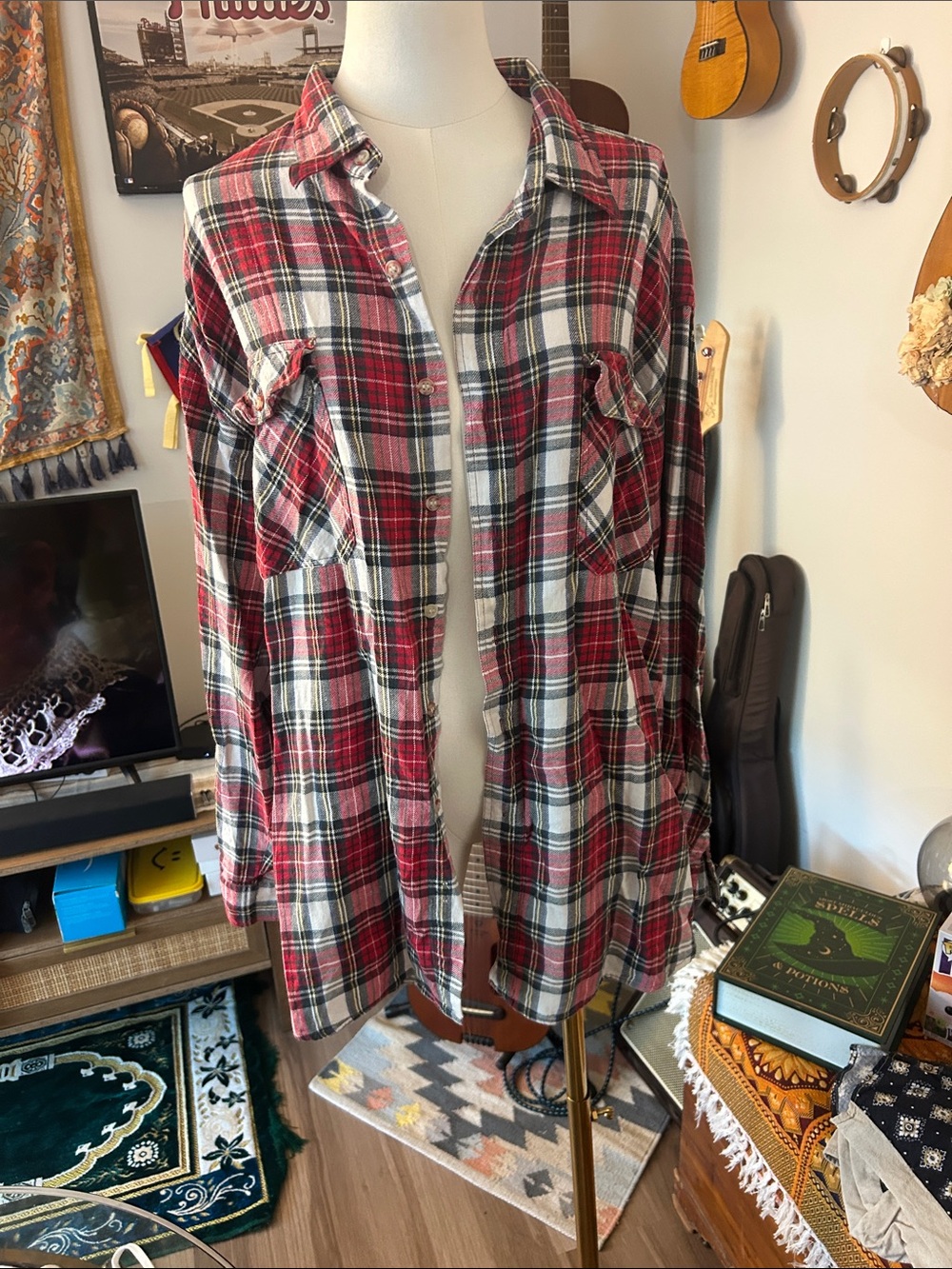 Men's Red Plaid Button-Down Casual Shirt